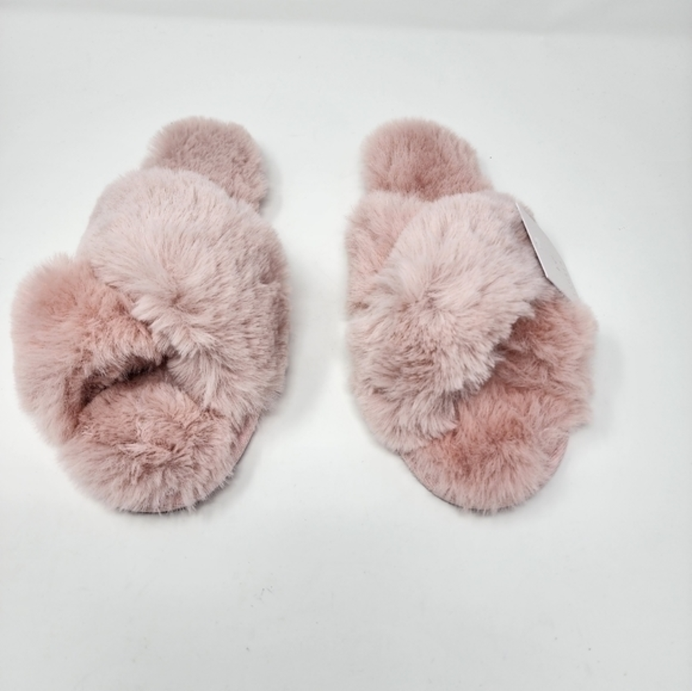 NWT Lauren Conrad Pink Faux Fur Criss‎ Cross Slide Slippers Large 8/9